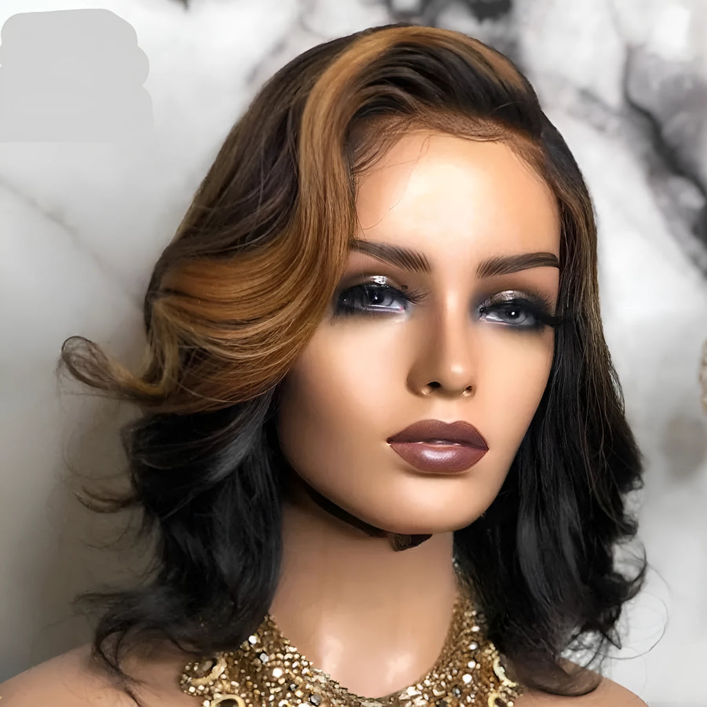 Short curly women's synthetic wig in mid-point black and brown with long bangs
