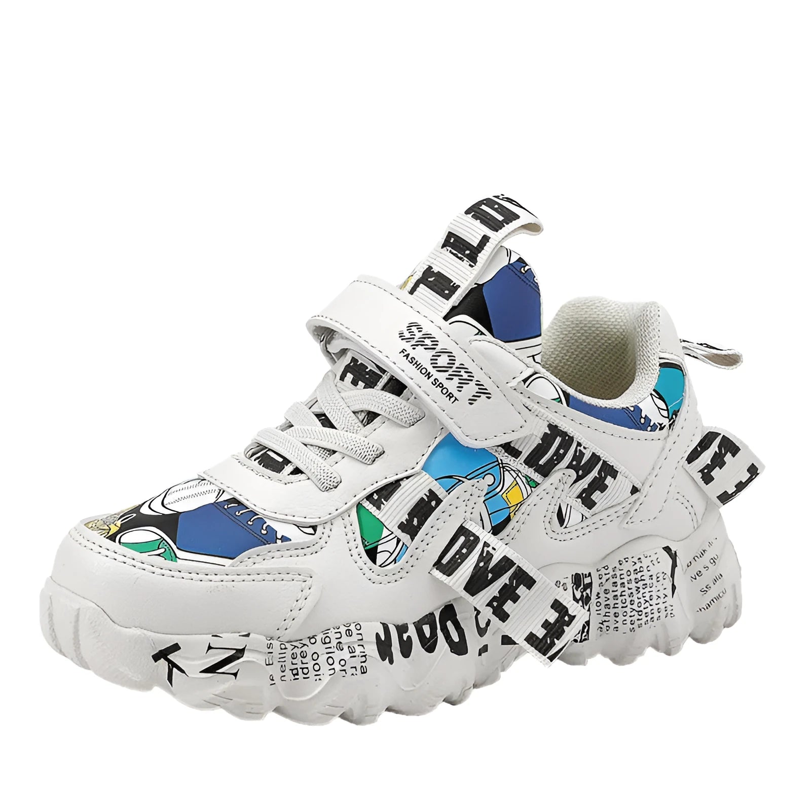 Kids' blue and white sneakers with a Velcro strap closure on a rubber sole