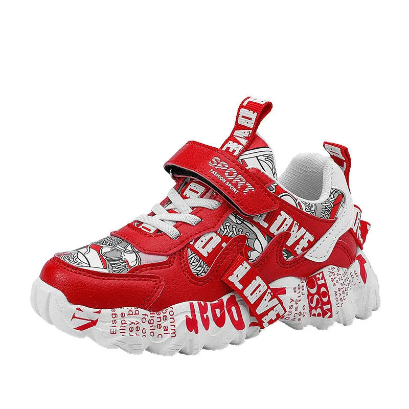 Kids' blue and white sneakers with a Velcro strap closure on a rubber sole