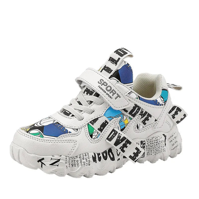 Kids' blue and white sneakers with a Velcro strap closure on a rubber sole