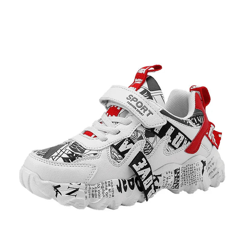 Kids' blue and white sneakers with a Velcro strap closure on a rubber sole