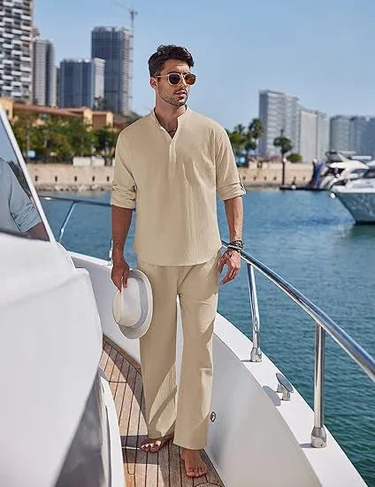 Men's casual cotton two-piece suit with long sleeves and trousers in a solid colour