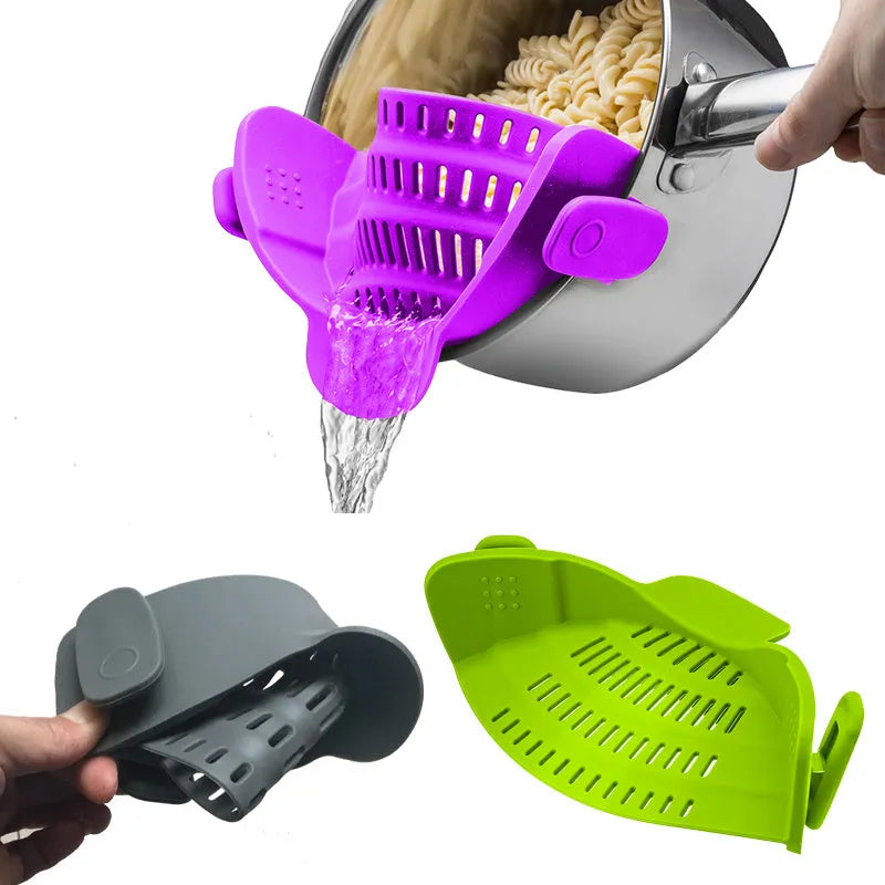 Silicone clip-on kitchen funnel strainer for draining liquids from pots with buckle attachment