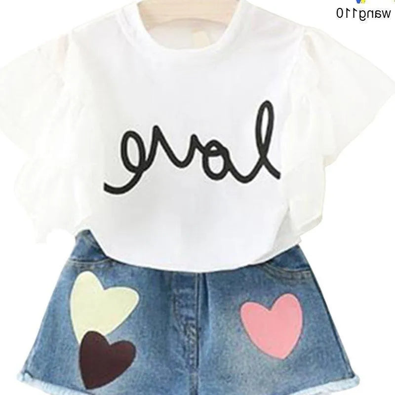 Summer girls 2-piece T-shirt and hole pants set in green, sizes 100-140cm