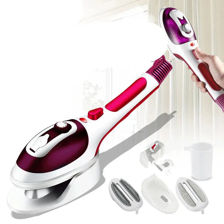 Purple handheld hanging garment steamer with water tank and hanging hook