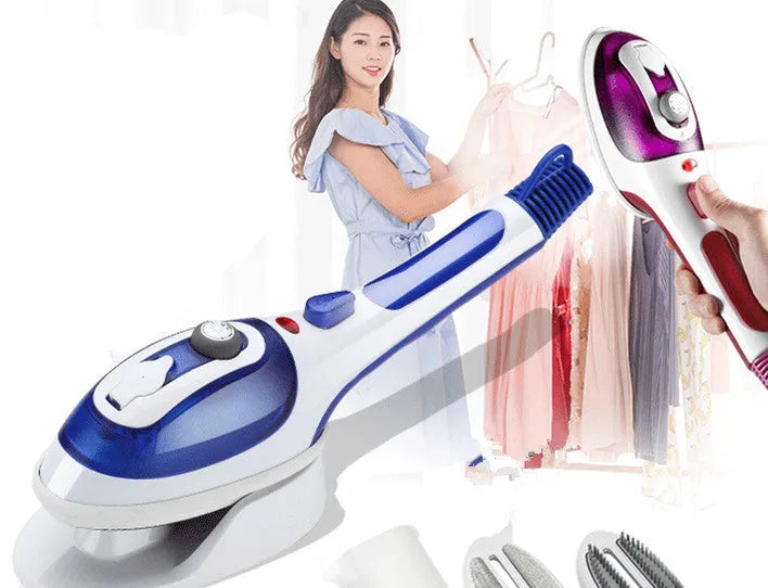 Purple handheld hanging garment steamer with water tank and hanging hook