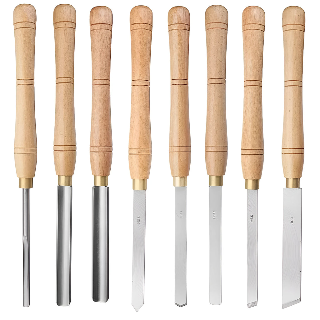High-end 8-piece woodturning tool set in a wooden box, chrome vanadium steel tools.