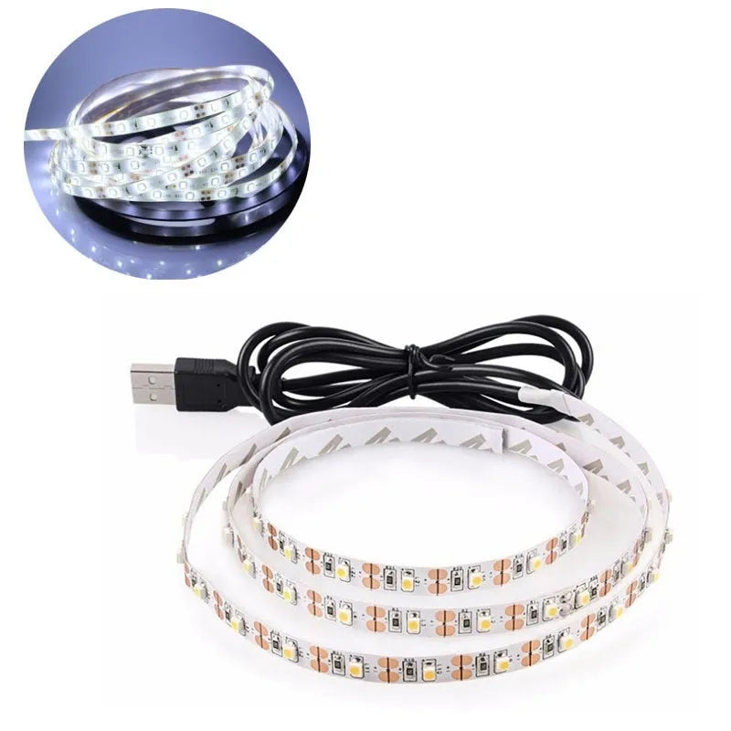 A flexible one-metre-long USB LED light strip showing multiple SMD5050 LEDs, coiled next to its USB plug.