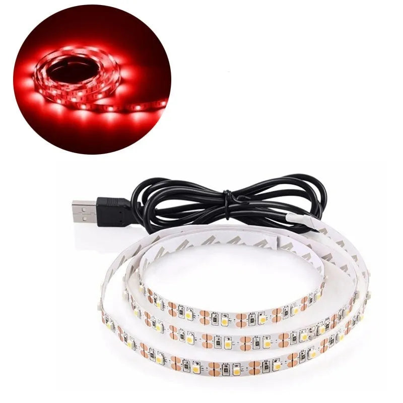 A flexible one-metre-long USB LED light strip showing multiple SMD5050 LEDs, coiled next to its USB plug.