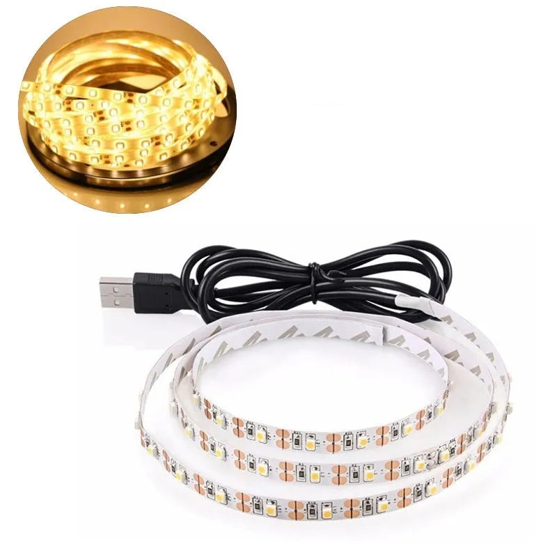 A flexible one-metre-long USB LED light strip showing multiple SMD5050 LEDs, coiled next to its USB plug.