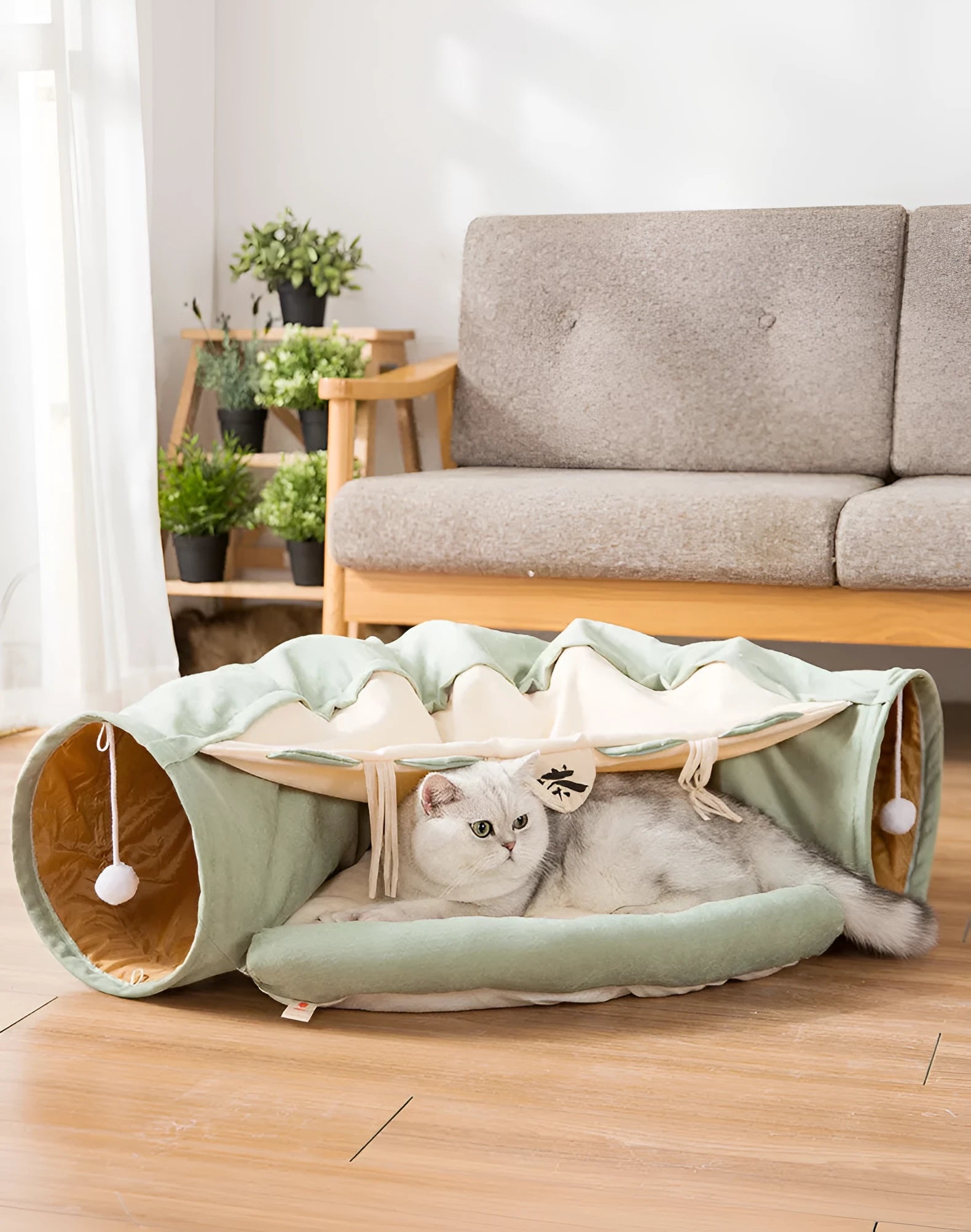 Collapsible cloth cat tunnel for play, shown in one of four colours: Bar, Coffee, Matcha, or Pink.
