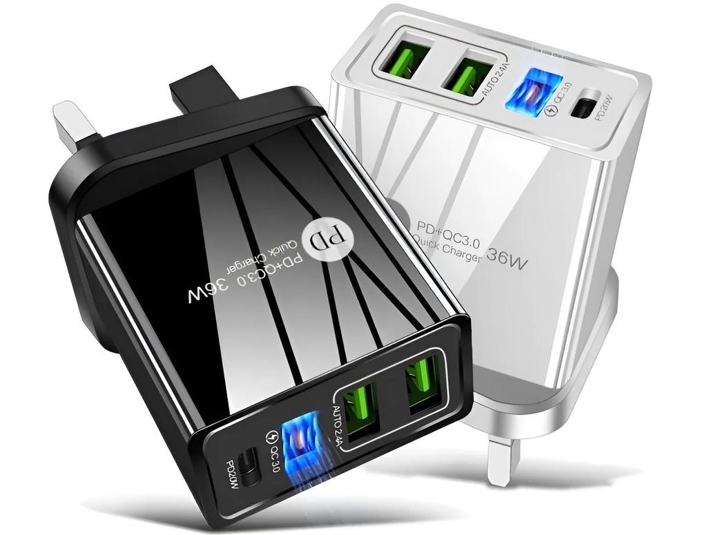20W Quick Charge 3.0 multi-port USB fast charger in black or white colour options