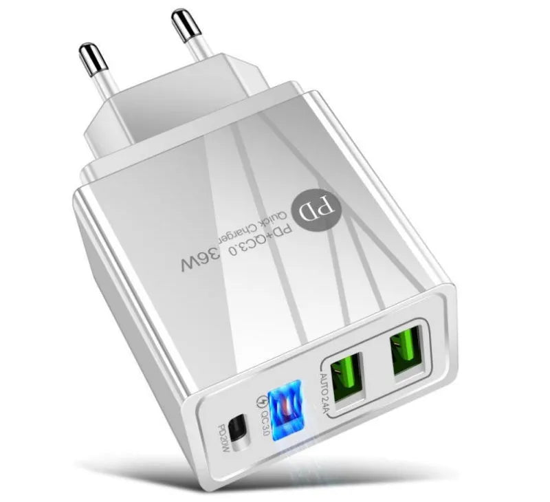 20W Quick Charge 3.0 multi-port USB fast charger in black or white colour options