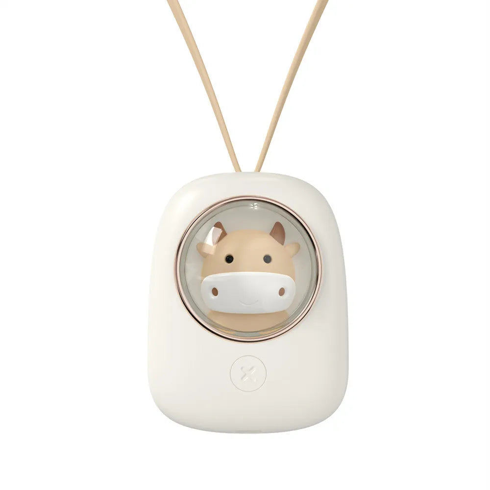 White portable hanging neck fan with USB charging port and mechanical speed controls