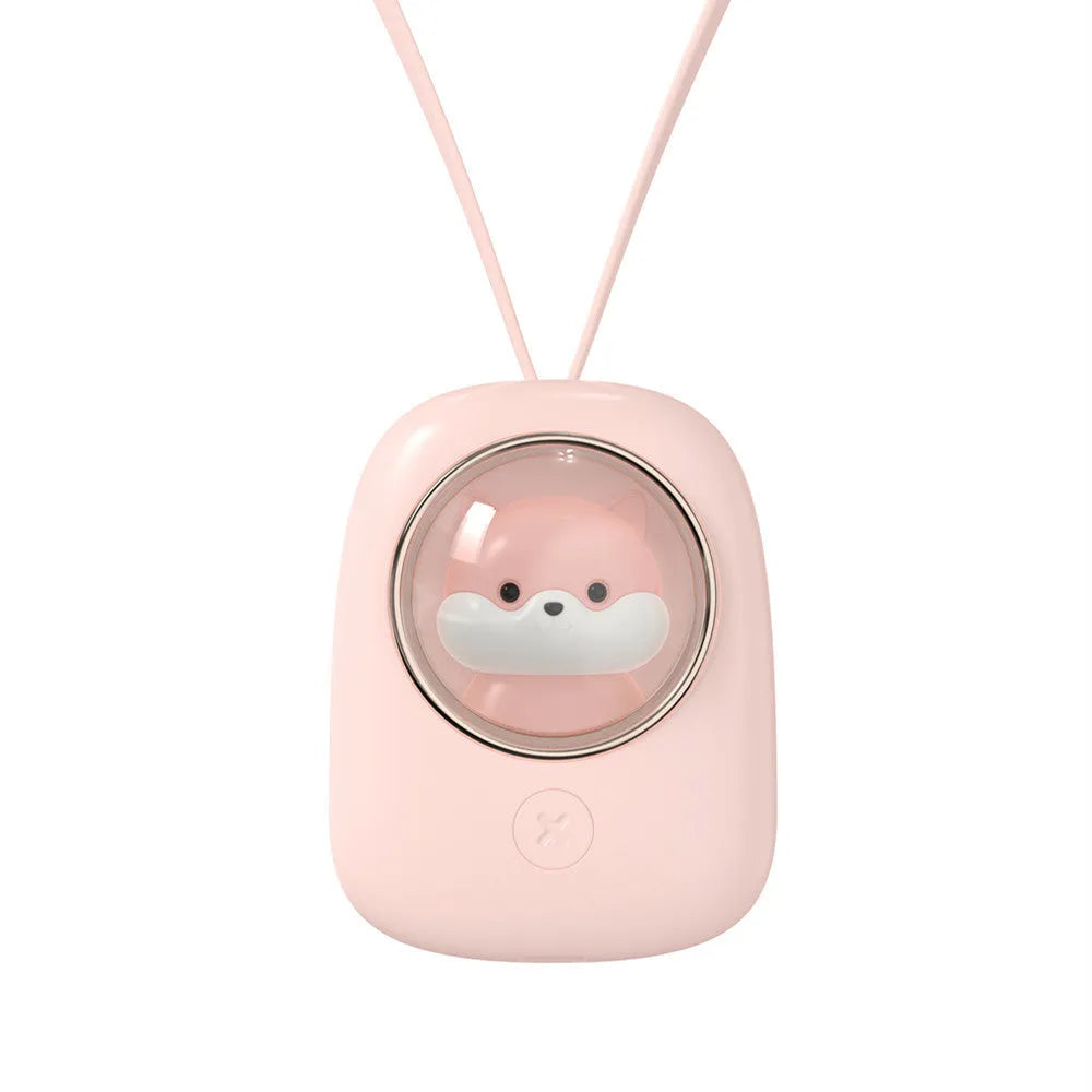 White portable hanging neck fan with USB charging port and mechanical speed controls