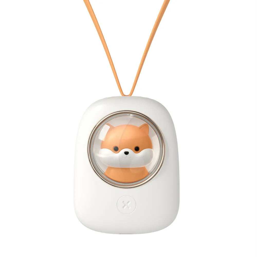 White portable hanging neck fan with USB charging port and mechanical speed controls