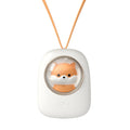 White portable hanging neck fan with USB charging port and mechanical speed controls