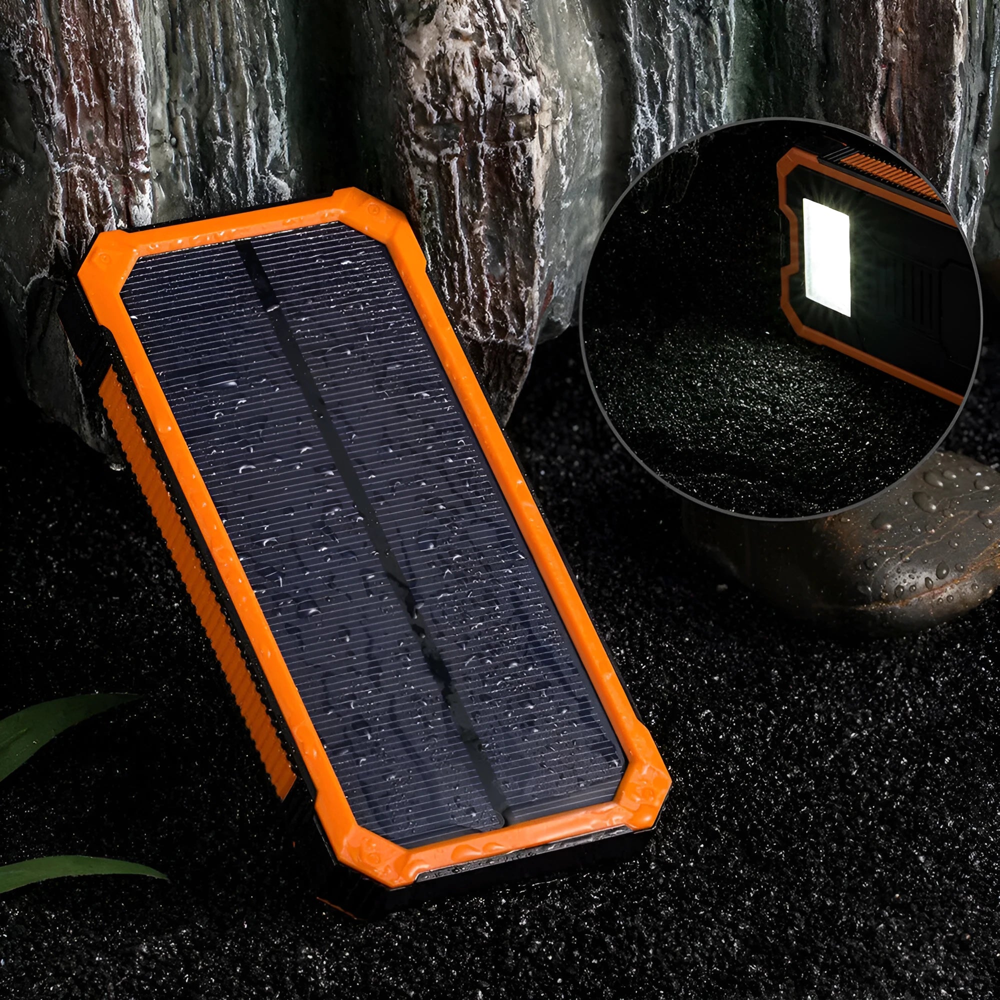Orange solar power bank showing solar panel and USB ports, 20000mAh capacity.