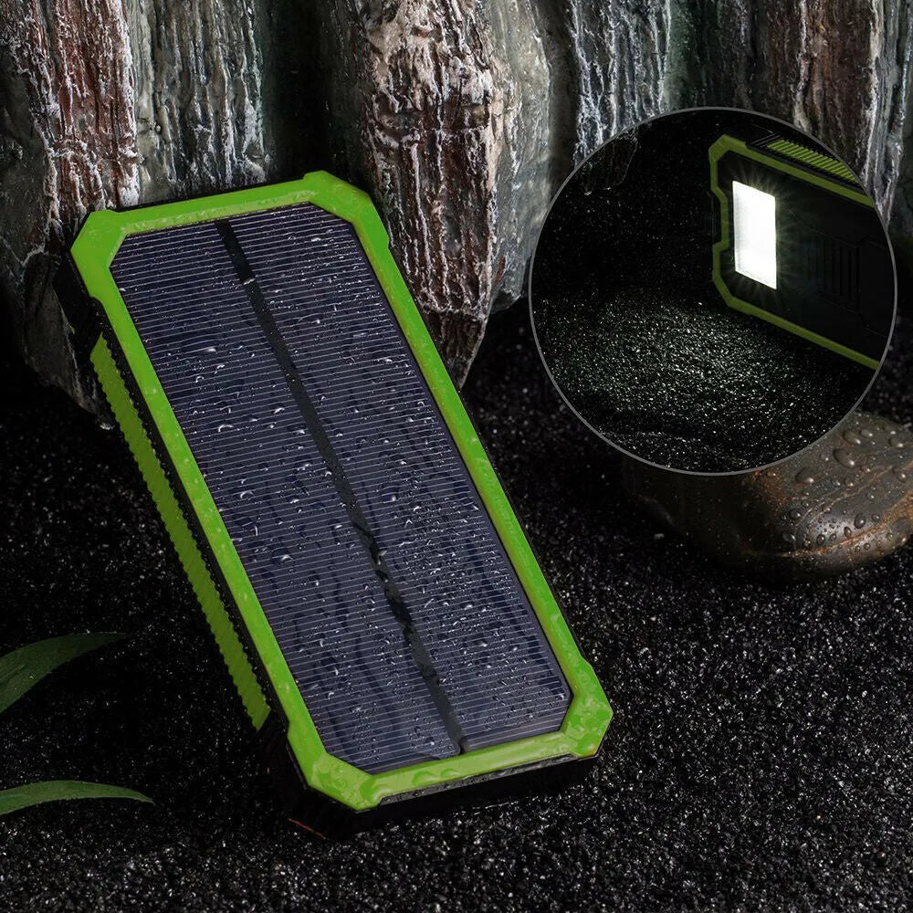 Orange solar power bank showing solar panel and USB ports, 20000mAh capacity.