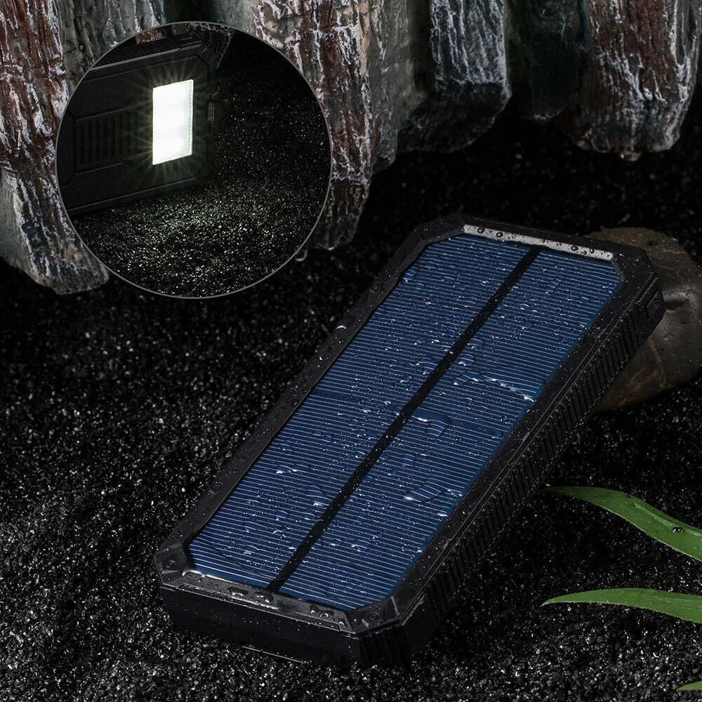 Orange solar power bank showing solar panel and USB ports, 20000mAh capacity.