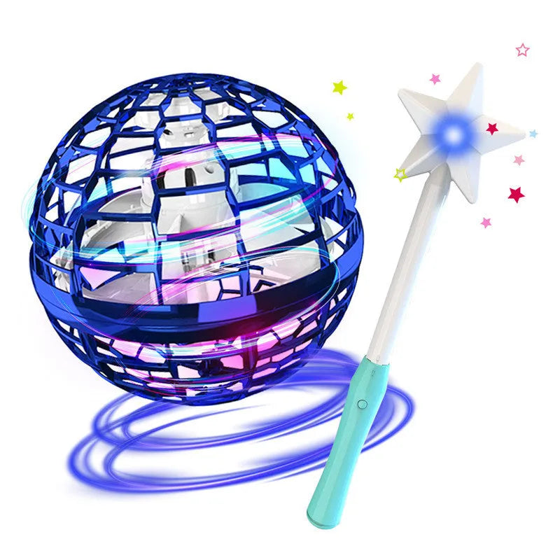 Blue flying ball toy with LED lights hovering above a child's hand next to a magic wand.
