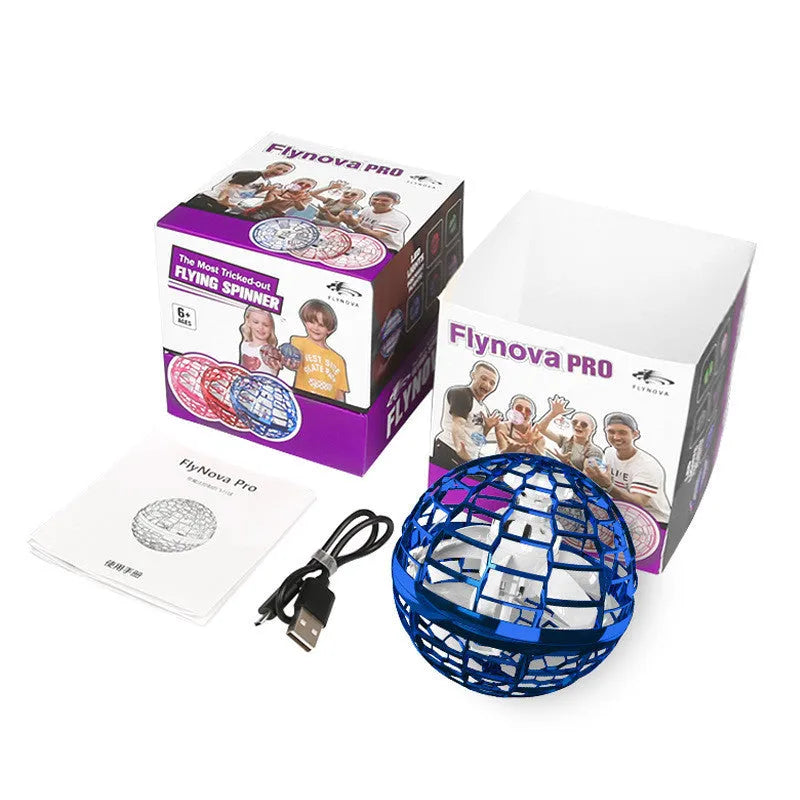 Blue flying ball toy with LED lights hovering above a child's hand next to a magic wand.