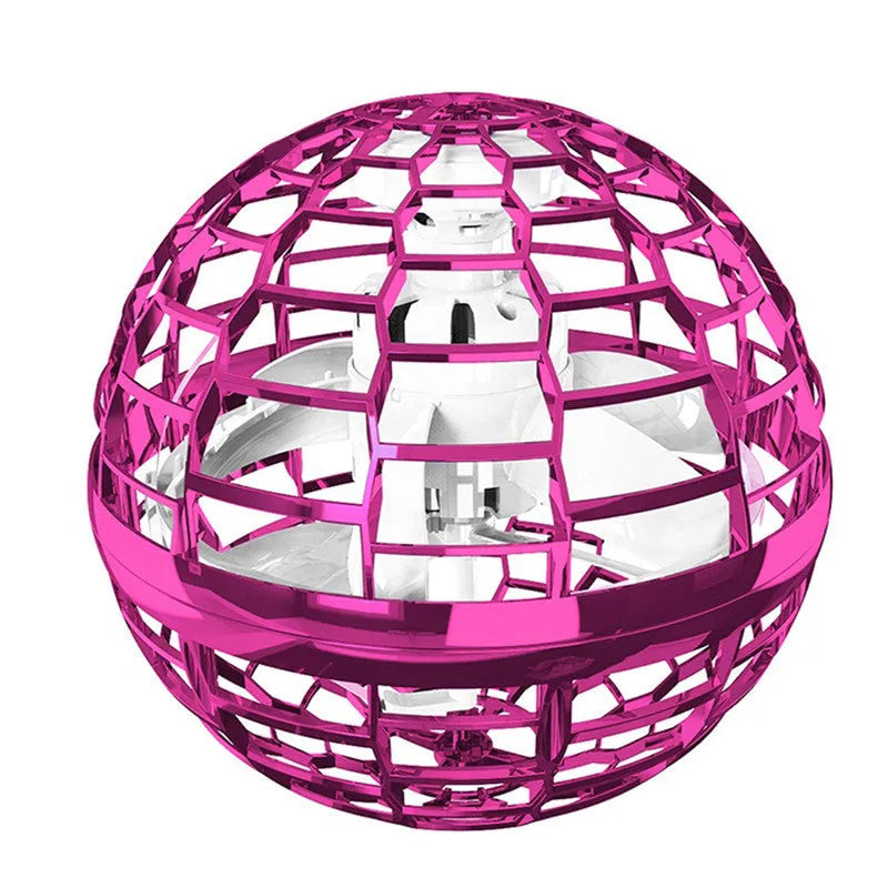 Blue flying ball toy with LED lights hovering above a child's hand next to a magic wand.