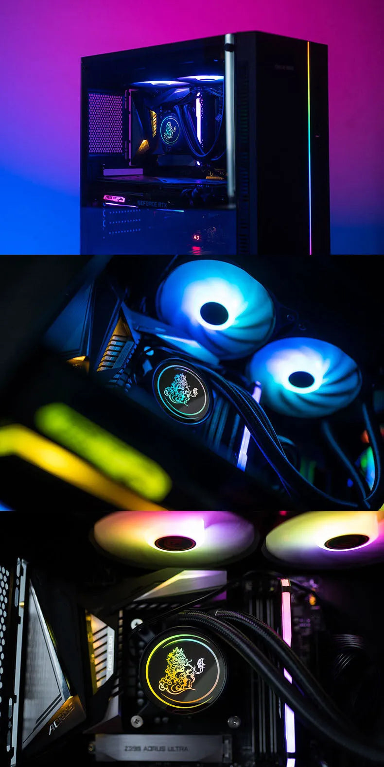 Kirin 240mm computer CPU water cooling radiator with colourful ARGB fans on copper-aluminium radiator