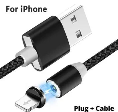 Black magnetic fast-charging cable with interchangeable USB-C, Micro-USB, and Lightning tips
