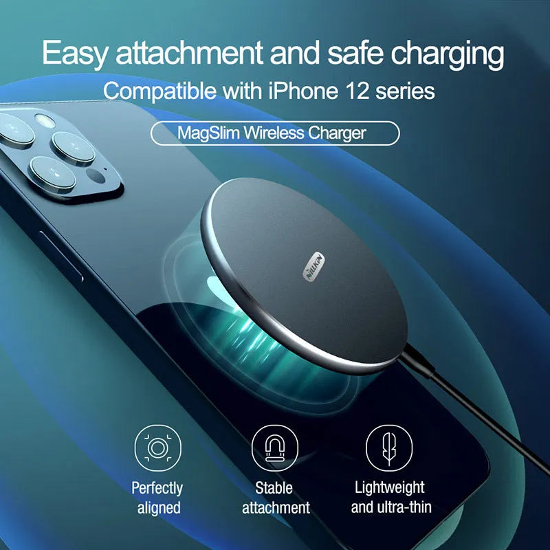 Black MagSlim magnetic wireless phone charger with foldable aluminium stand on a desk