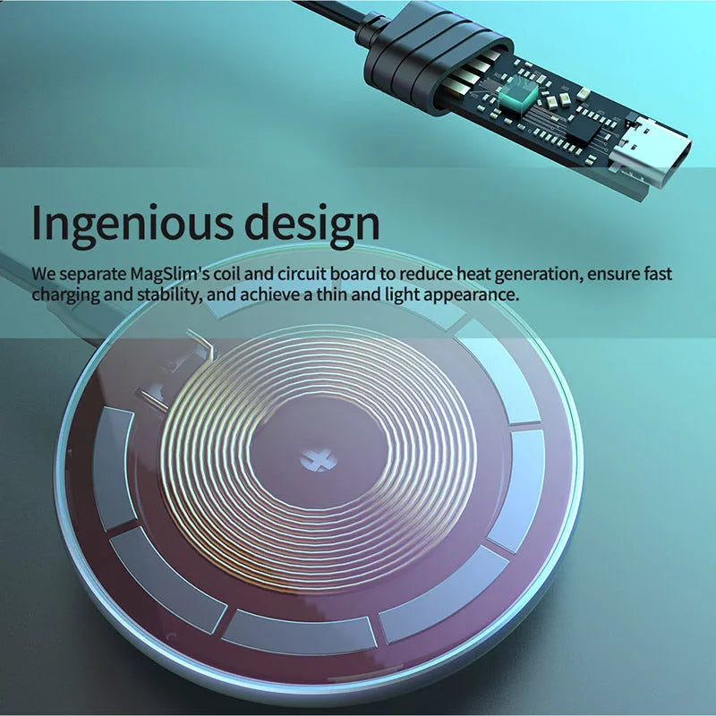 Black MagSlim magnetic wireless phone charger with foldable aluminium stand on a desk