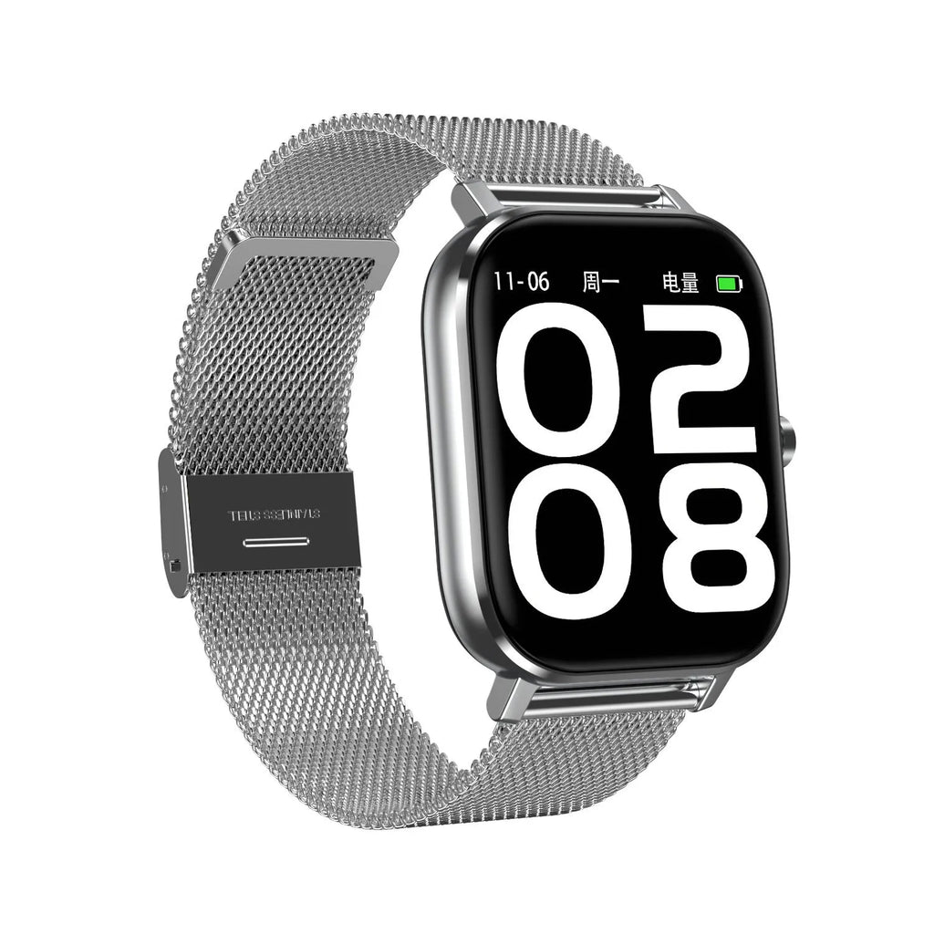 Smart bracelet with 1.54-inch screen on a wrist, showing health metrics, available with silicone or steel mesh strap.