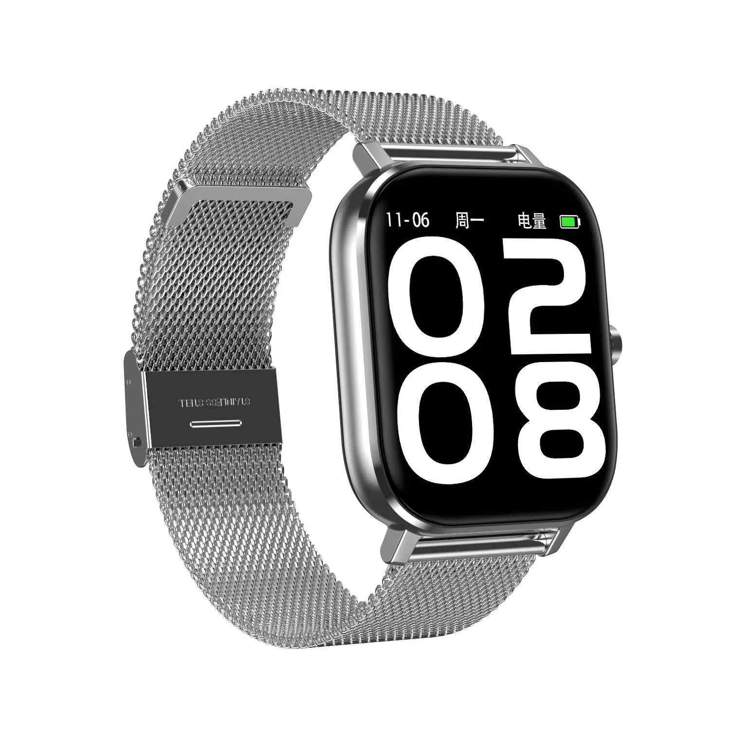 Smart bracelet with 1.54-inch screen on a wrist, showing health metrics, available with silicone or steel mesh strap.