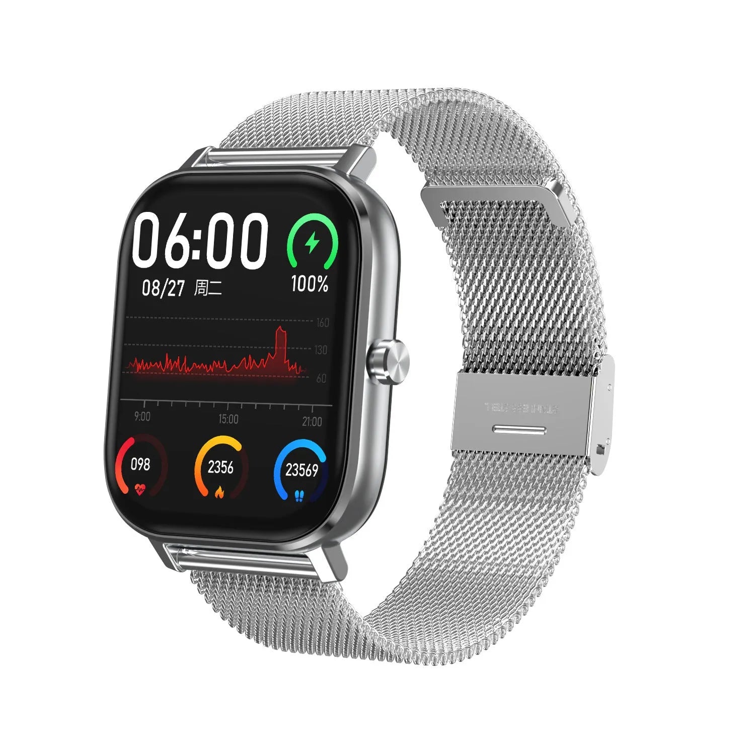 Smart bracelet with 1.54-inch screen on a wrist, showing health metrics, available with silicone or steel mesh strap.