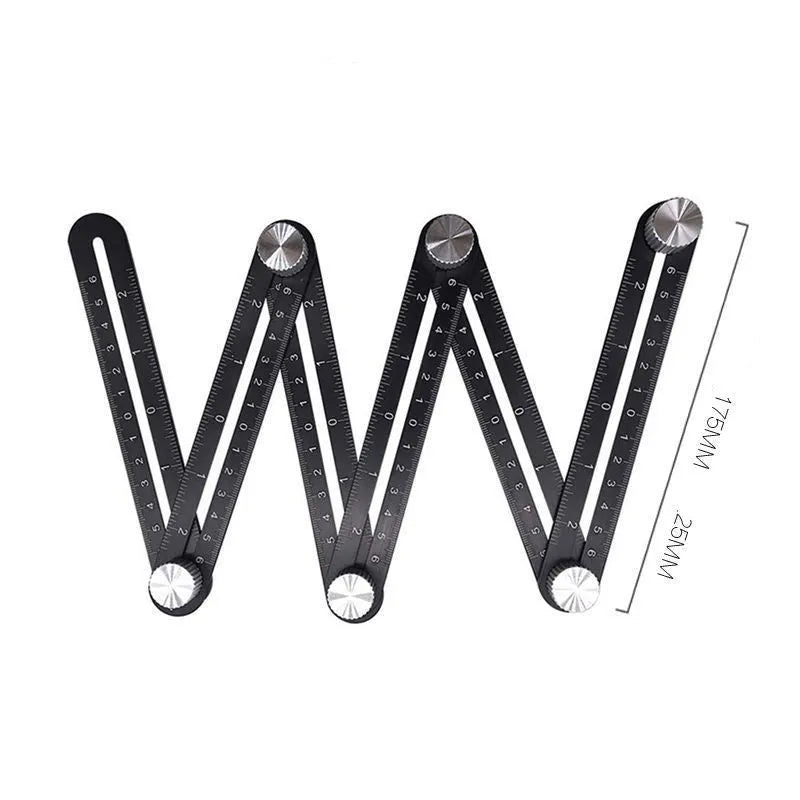 Aluminium alloy and plastic six fold multi-function ruler in a folded position showing perforated sections
