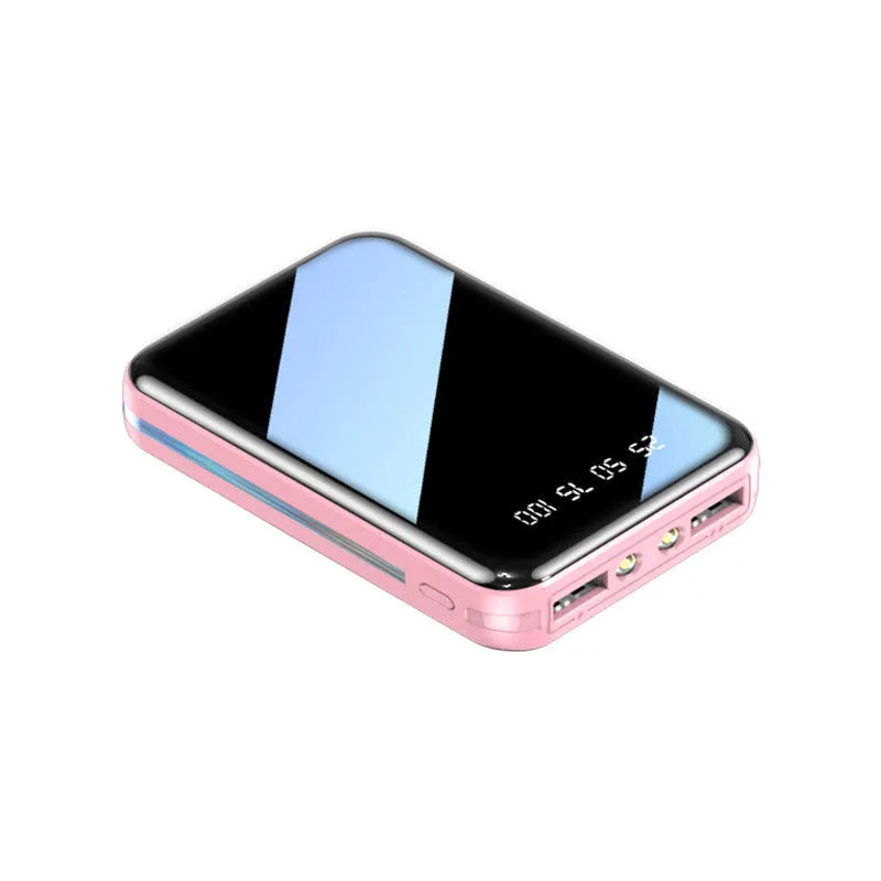 Compact white 20000mAh power bank with digital display showing battery percentage.