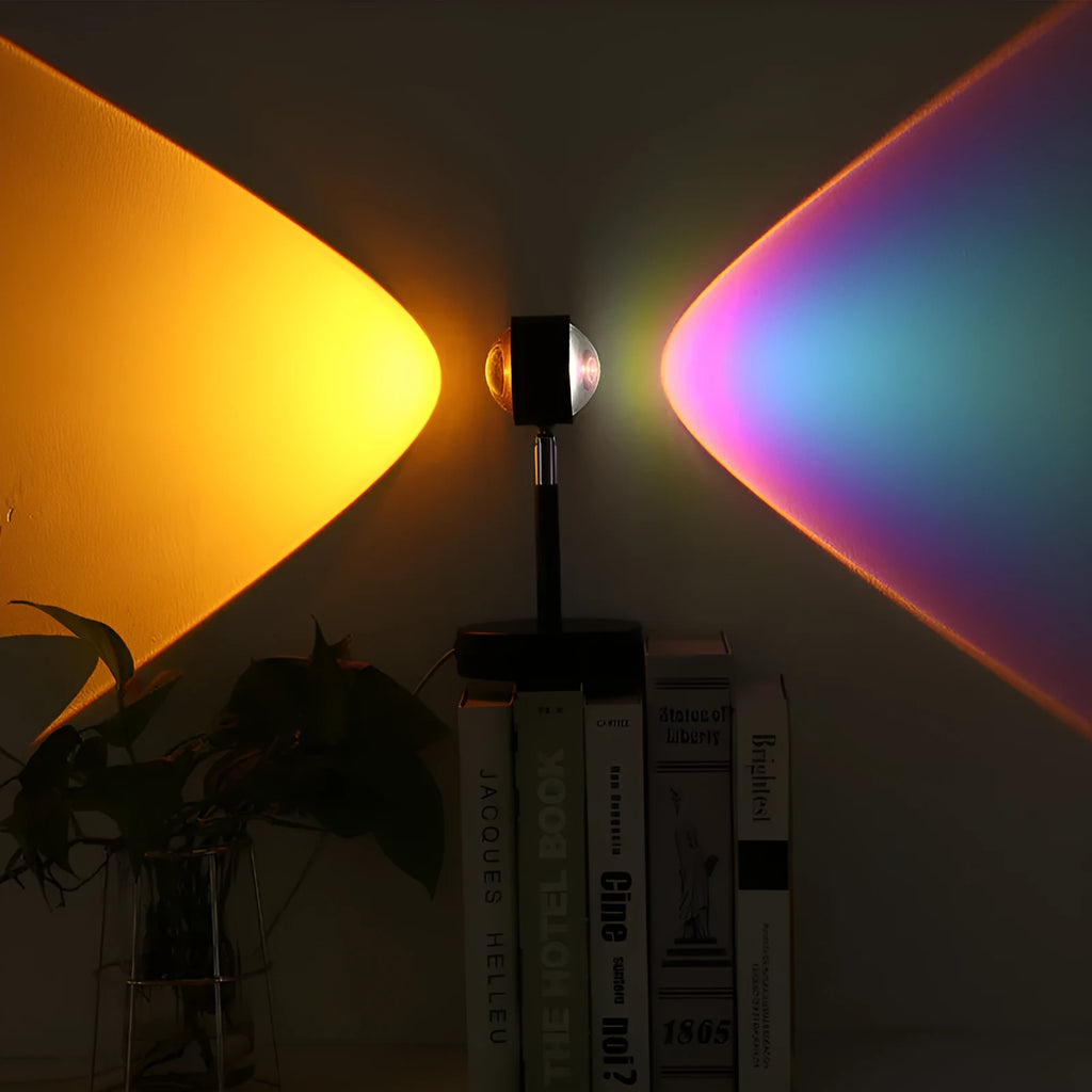 Black USB dual-head sunset rainbow projection lamp with touch control showing four colour changes