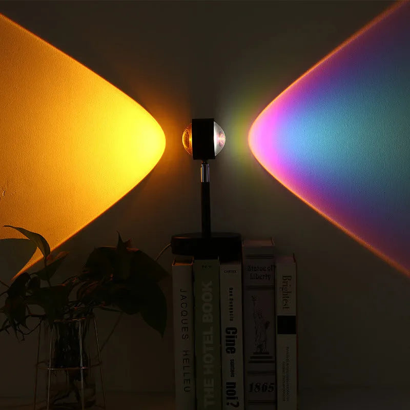 Black USB dual-head sunset rainbow projection lamp with touch control showing four colour changes