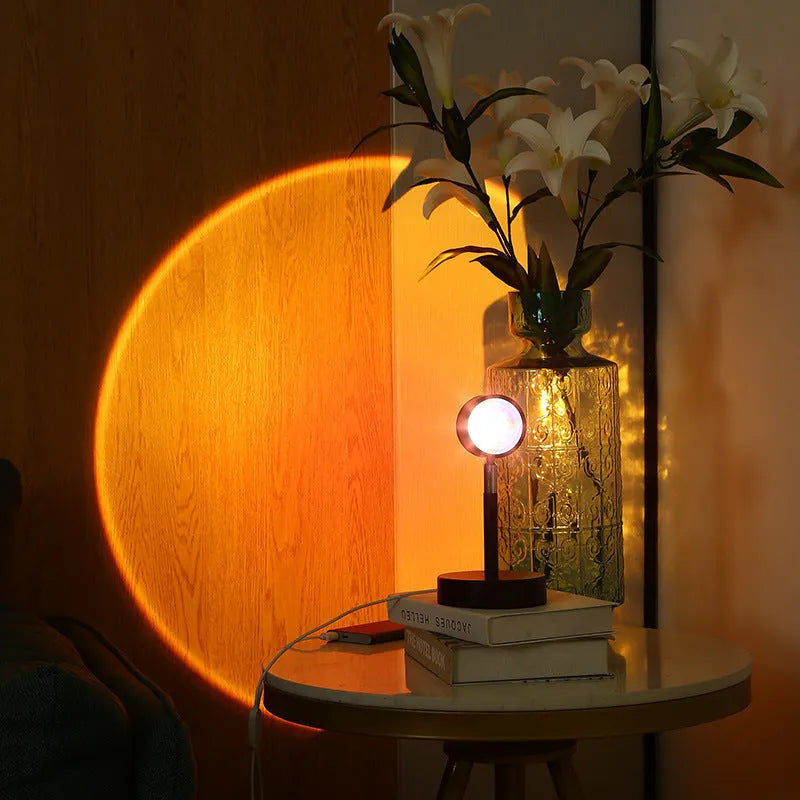 Black USB dual-head sunset rainbow projection lamp with touch control showing four colour changes