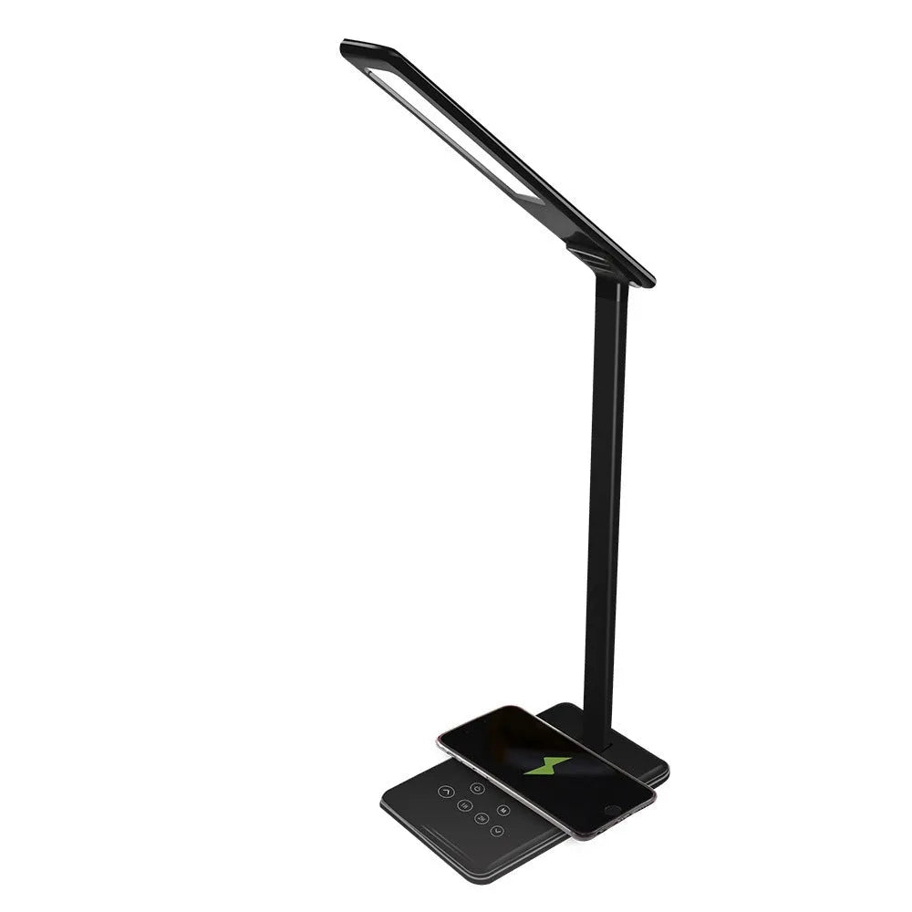 Black wireless charging desk lamp with touch controls and aluminium plastic shade