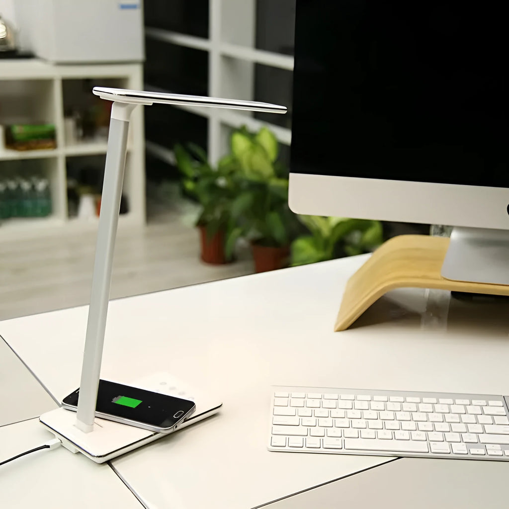 Black wireless charging desk lamp with touch controls and aluminium plastic shade