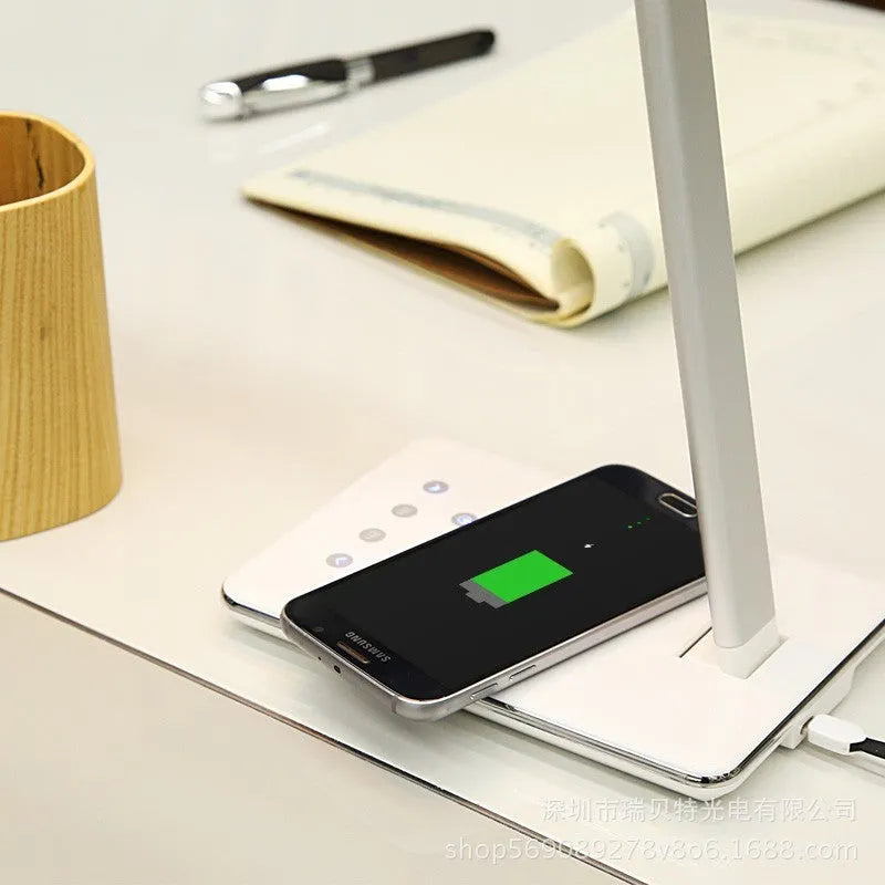 Black wireless charging desk lamp with touch controls and aluminium plastic shade