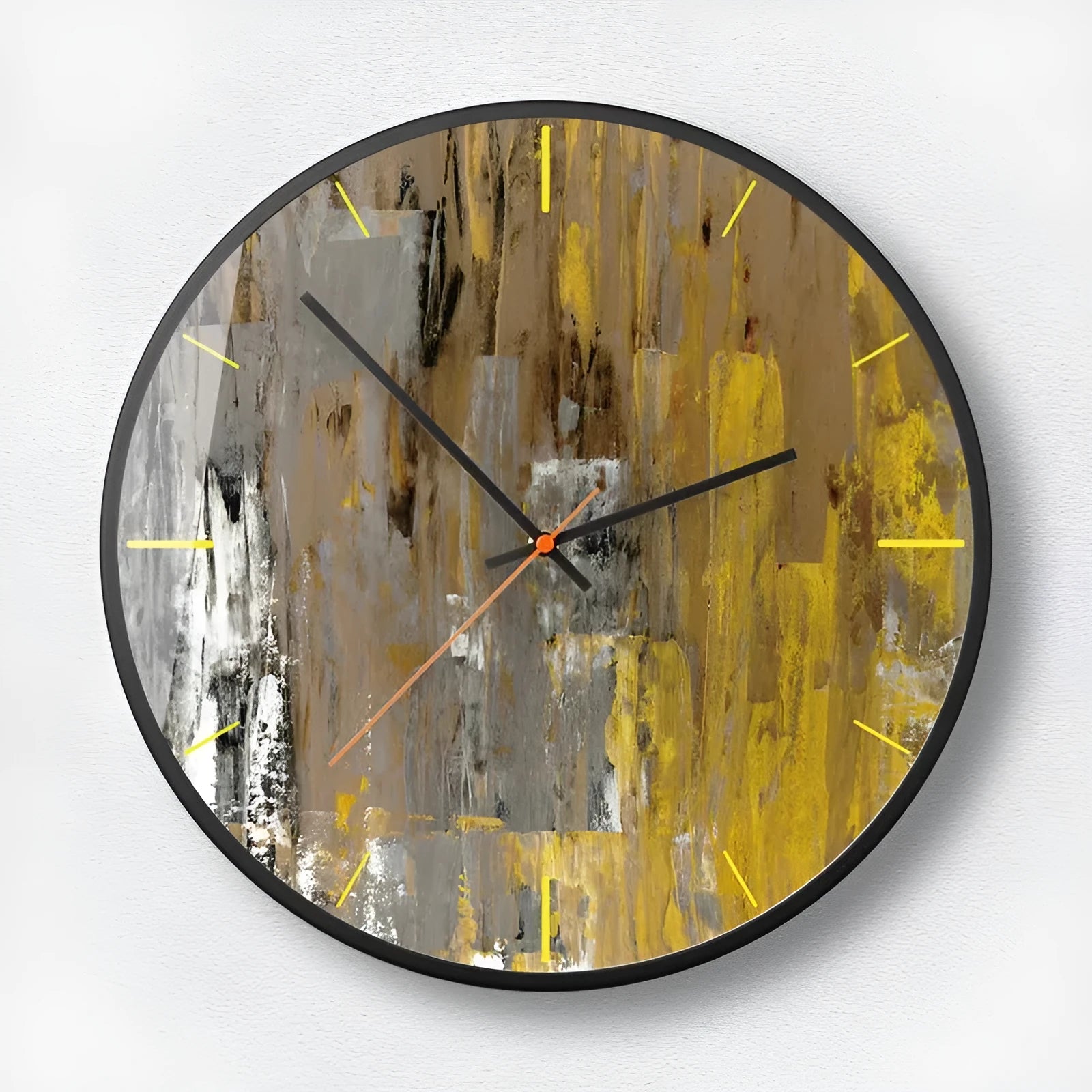 Round abstract art wall clock in black on a wall, showing one of six mysterious black design variants.