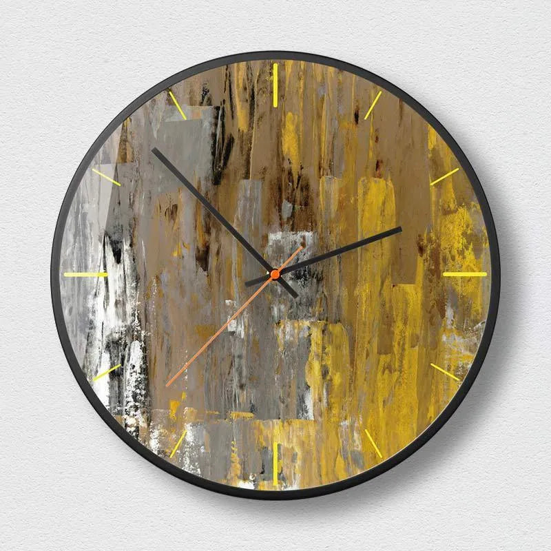 Round abstract art wall clock in black on a wall, showing one of six mysterious black design variants.
