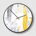 Round abstract art wall clock in black on a wall, showing one of six mysterious black design variants.