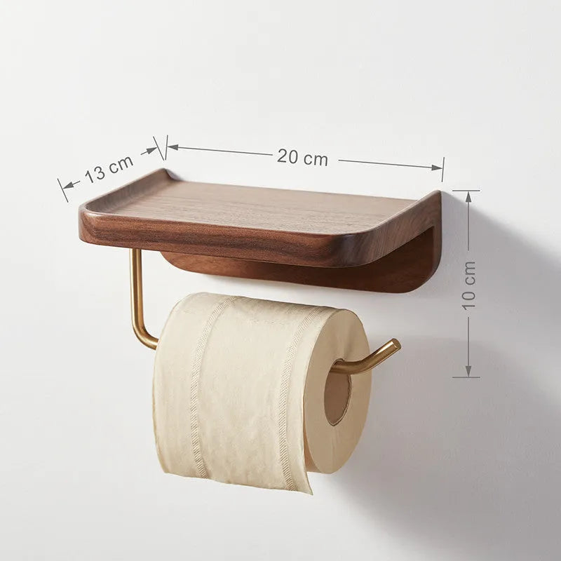 Solid wood wall-mounted paper towel rack with walnut and brass construction