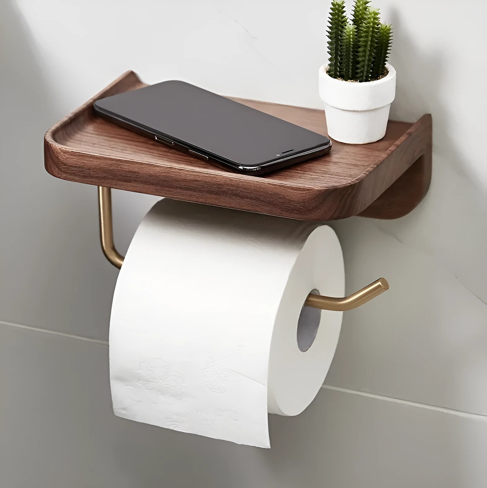 Solid wood wall-mounted paper towel rack with walnut and brass construction