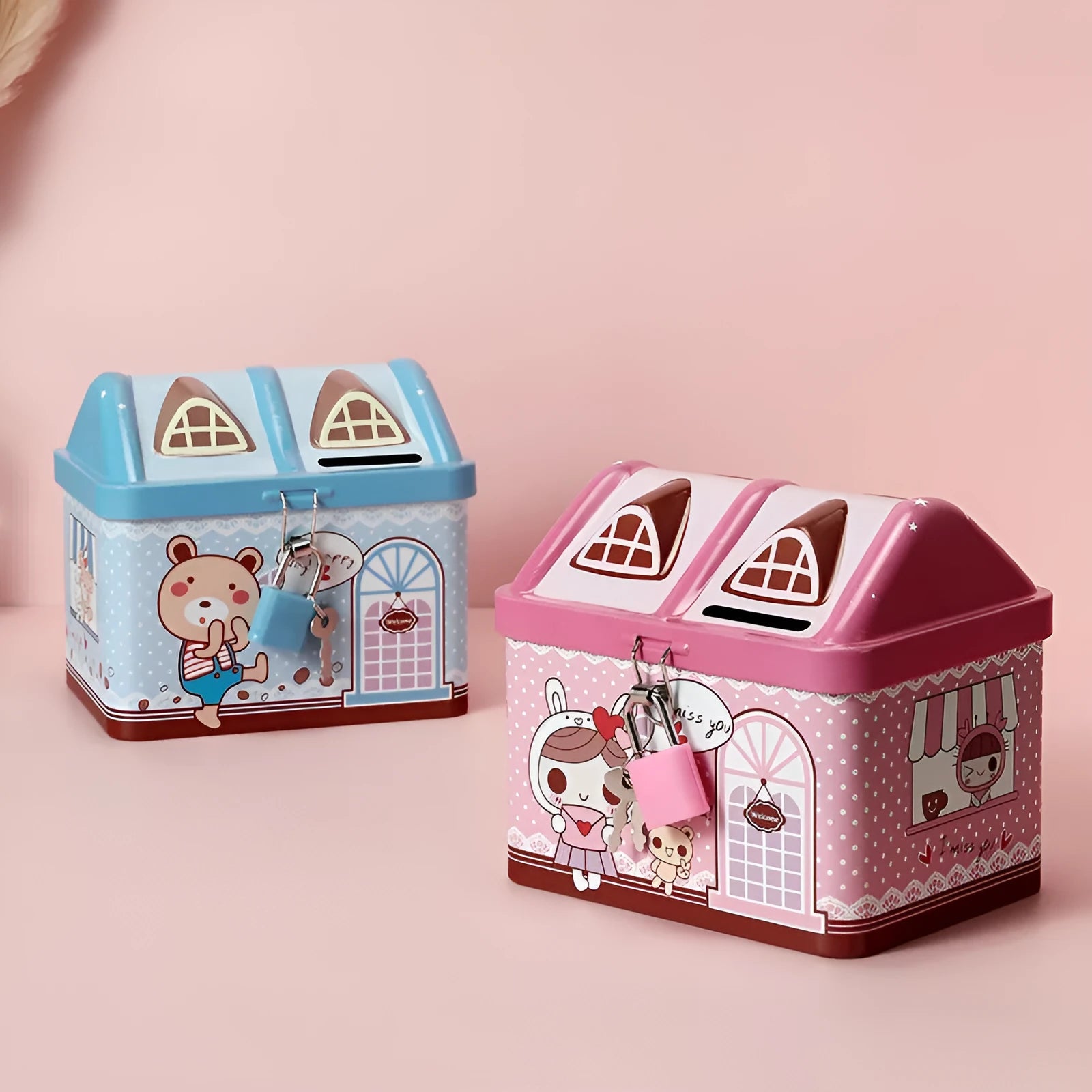 Blue house-shaped tinplate piggy bank for coin storage on wooden desk