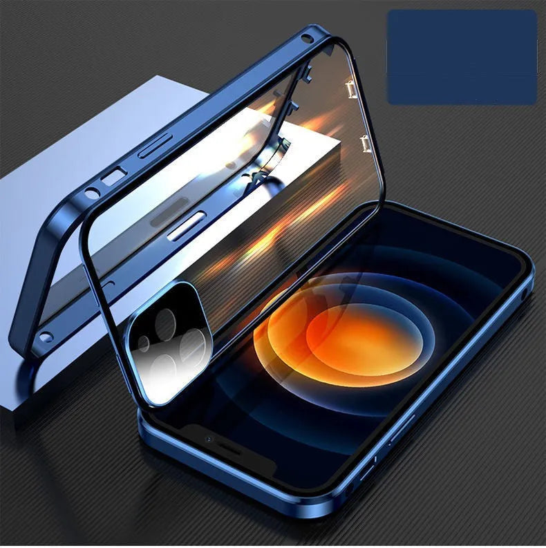 Silver aluminium metal bumper case with tempered glass back for iPhone on a table