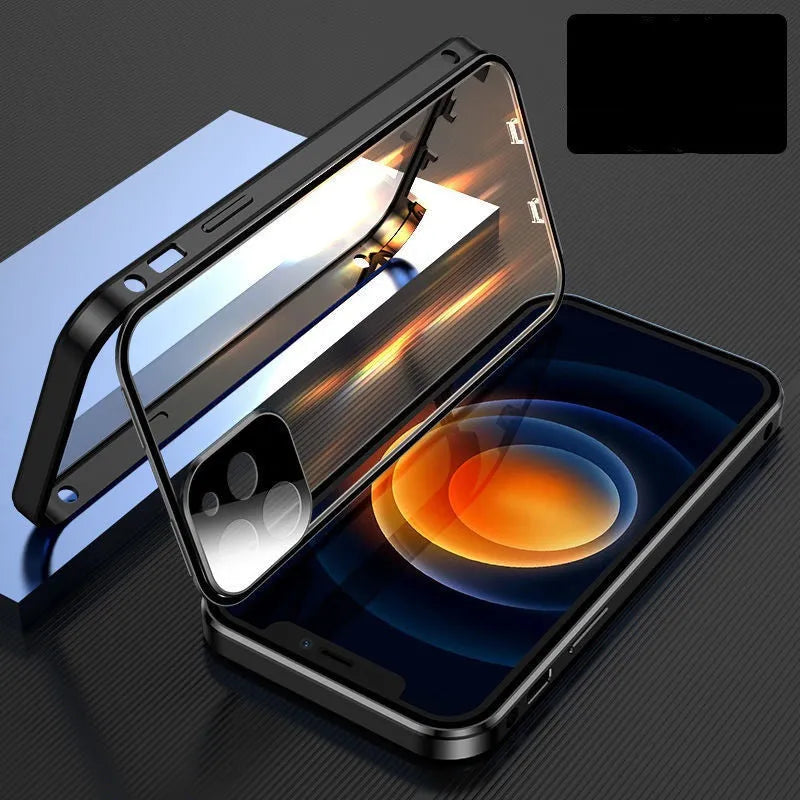 Silver aluminium metal bumper case with tempered glass back for iPhone on a table